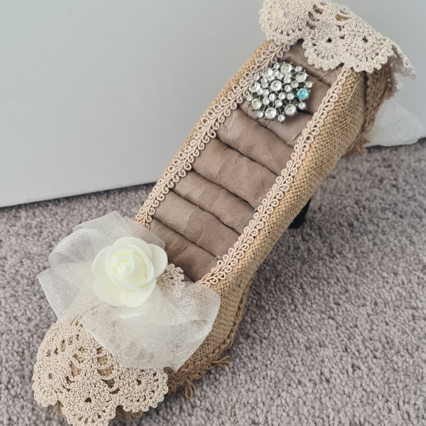 High Heel Shoe Ring Holder Burlap finish