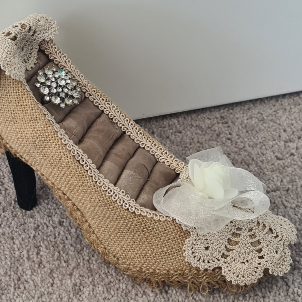 High Heel Shoe Ring Holder Burlap finish
