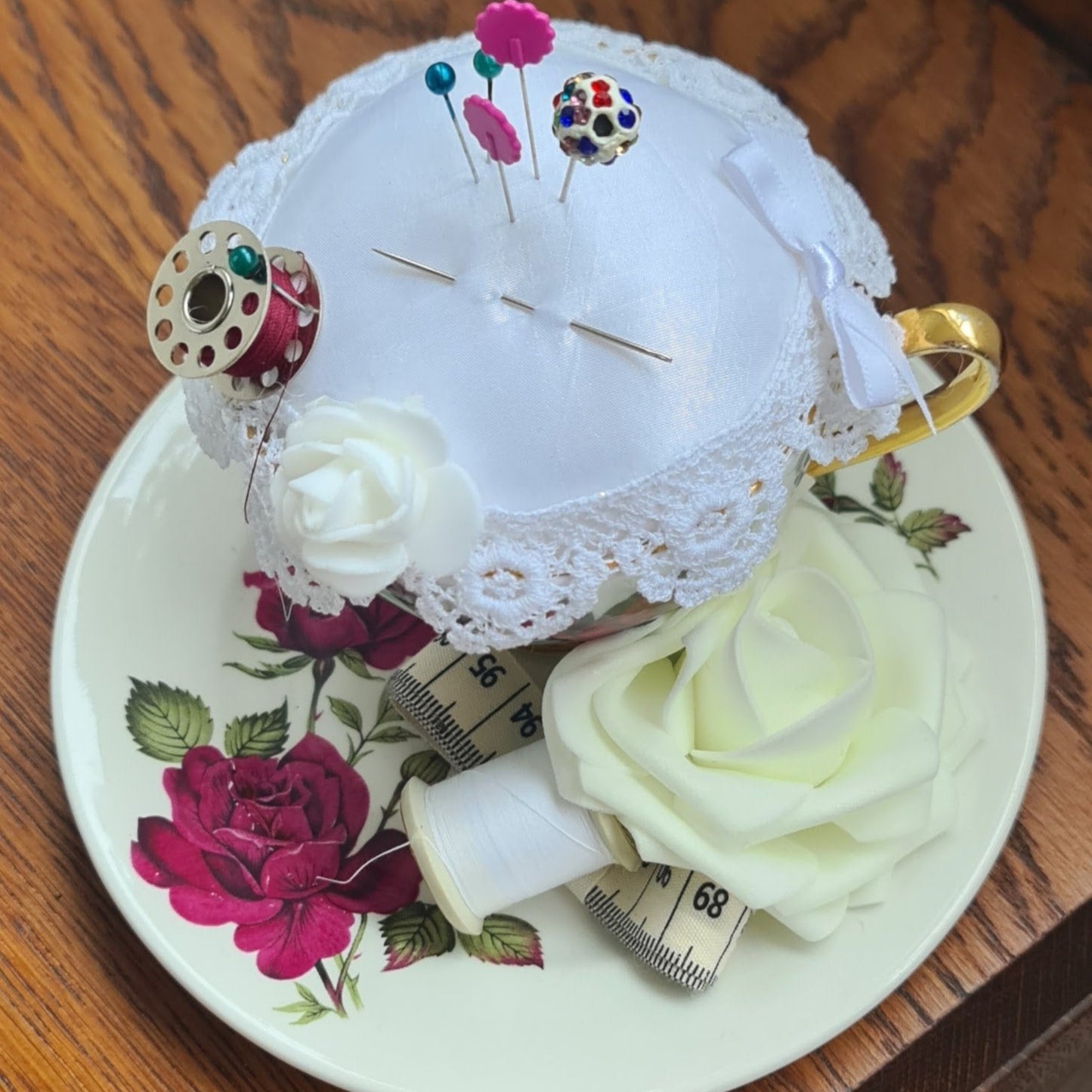 Vintage Teacup Pin Cushions Red Roses