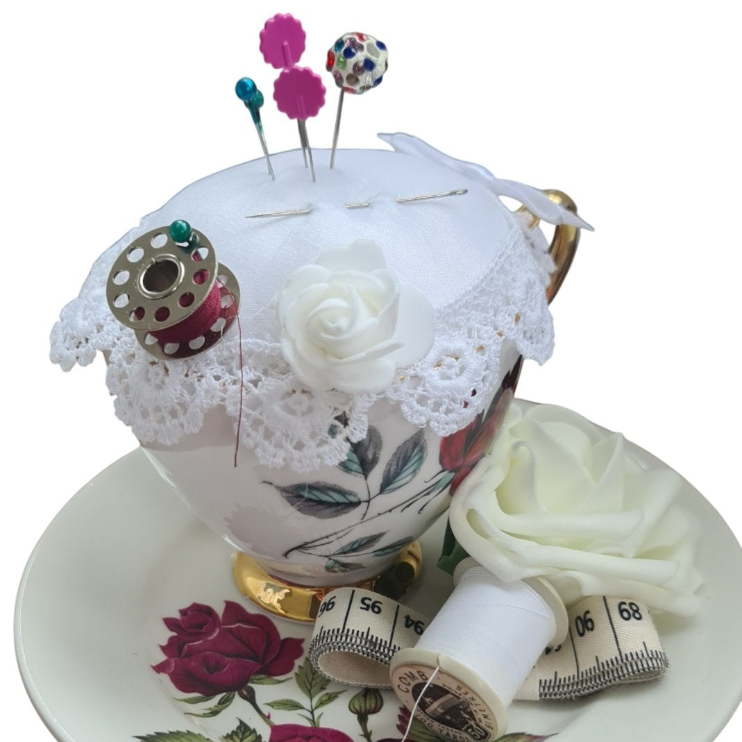 Vintage Teacup Pin Cushions Red Roses