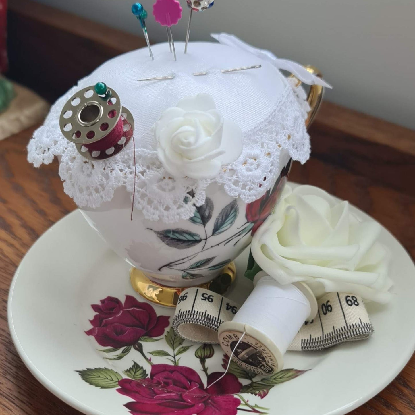Vintage Teacup Pin Cushions Red Roses