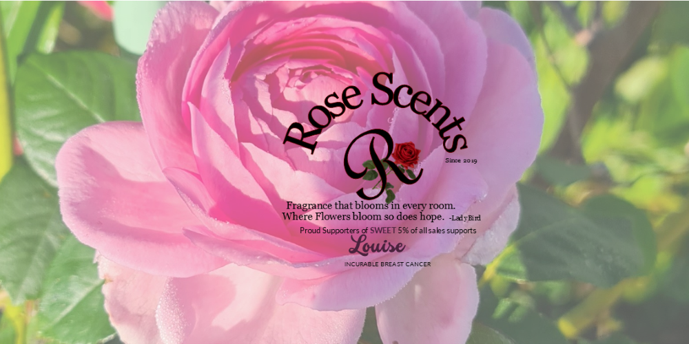 Pink rose with 'Rose Scents' branding and text about fragrance and breast cancer support.