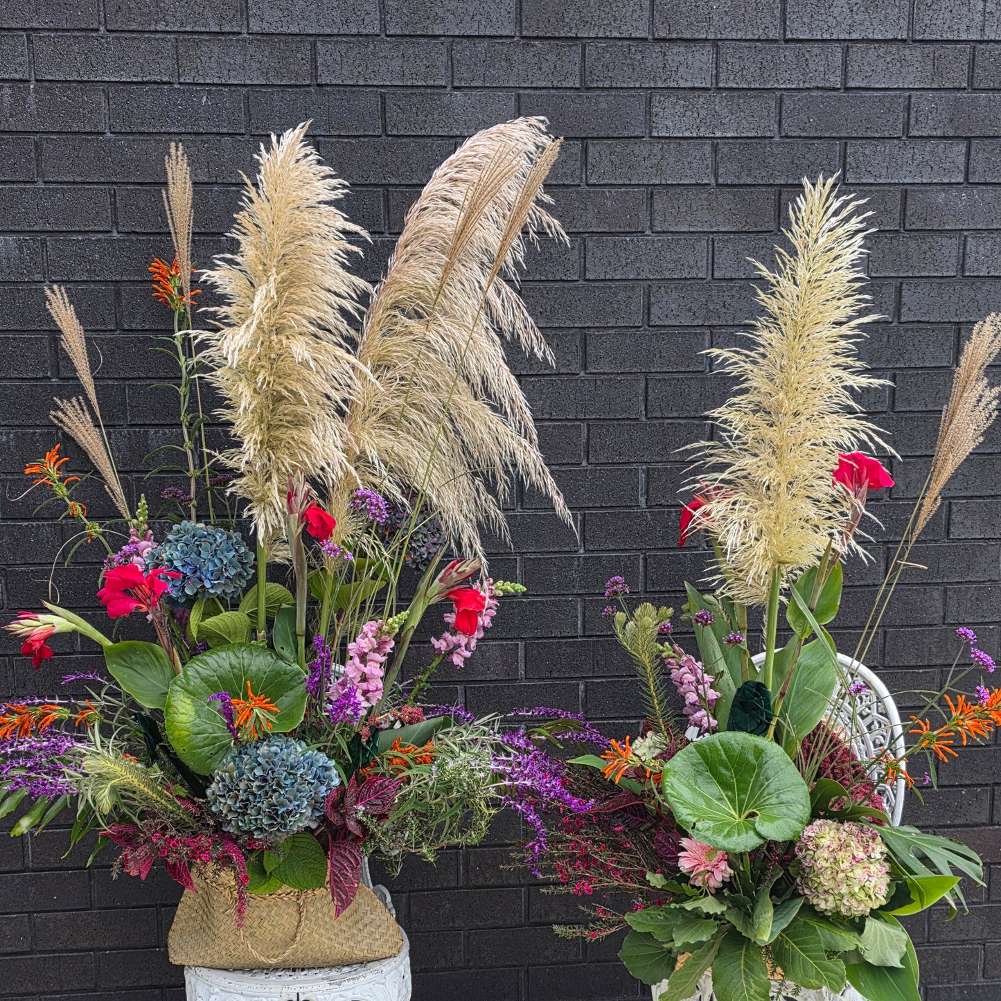 Floral arrangement to reflect culture, tradition and whanau. Ingredients and foliage has symbolic meanings. For example the Tractor seat leaf represents vehicles. Rosemary for remembrance. 