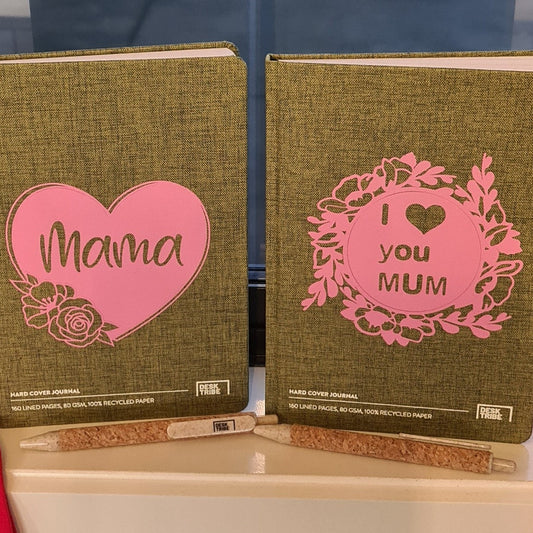 Green Journal with pink design stipulating your affection towards your Mum or Mama
