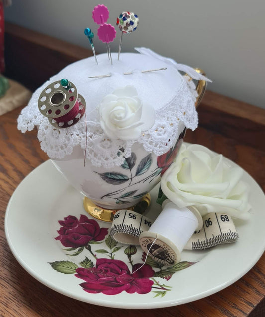 Vintage Teacup Pin Cushions Red Roses